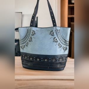 Sharif Blue Multi Perforated Leather Grommet Tote Handbag